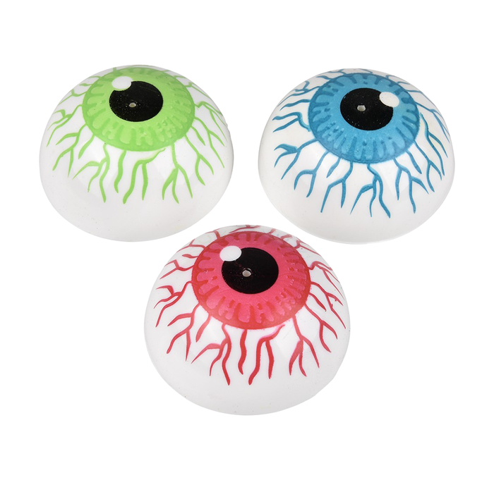 Three novelty eyeball toys—green, blue, and red irises with black pupils and branching veins—arranged on a white background.