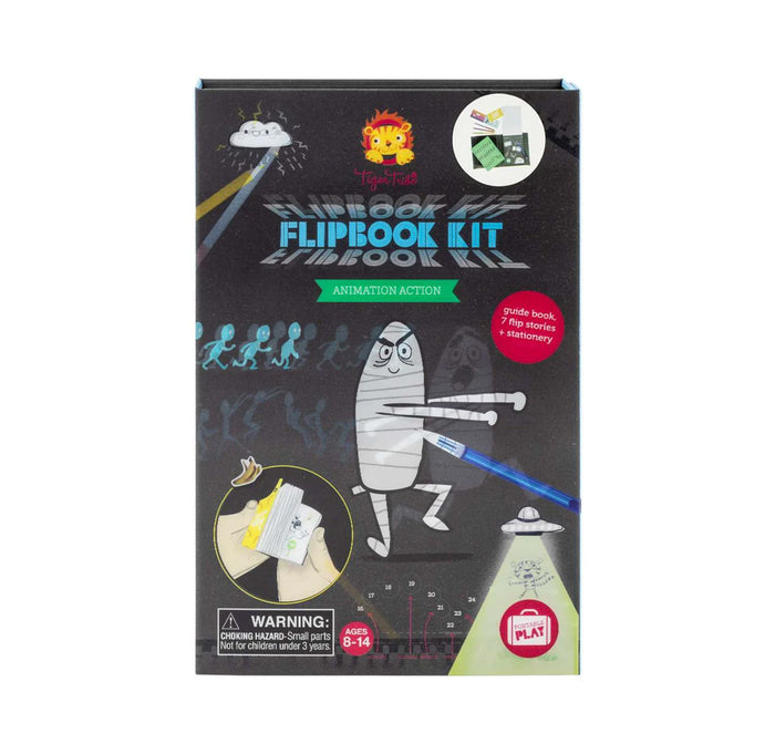 Flipbook kit packaging with illustrations and text on a white background