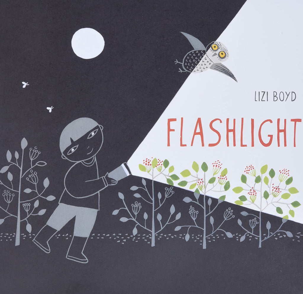 Front cover of the book depicting a drawing of a young child holding a flashlight at night outside and illuminating the title. 