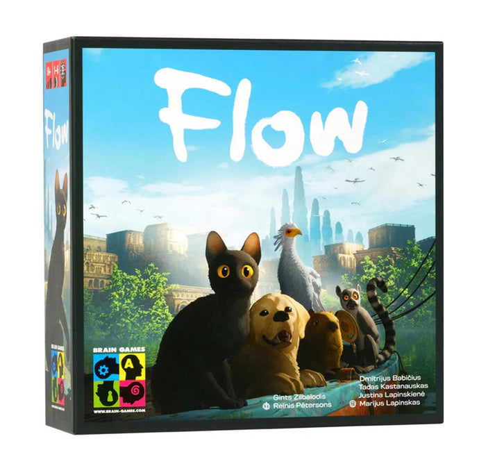 Flow game box  with animals in foreground against a white background.