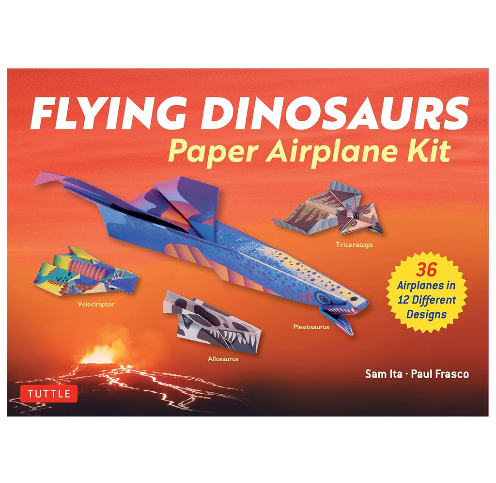 Box for 'Flying Dinosaurs' paper airplane kit with colorful dinosaurs and text on an orange background.
