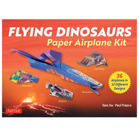 Box for 'Flying Dinosaurs' paper airplane kit with colorful dinosaurs and text on an orange background.