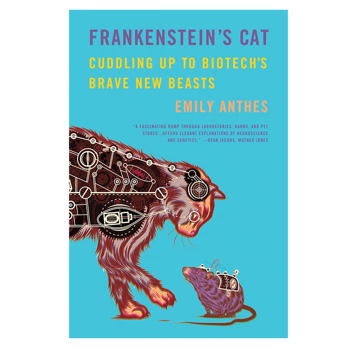 Book cover for “Frankenstein’s Cat,” showing a bioengineered mechanical cat facing a small purple mouse, with bold, playful typography.