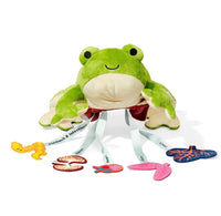 Plush frog toy with organs laid out on a white background. 