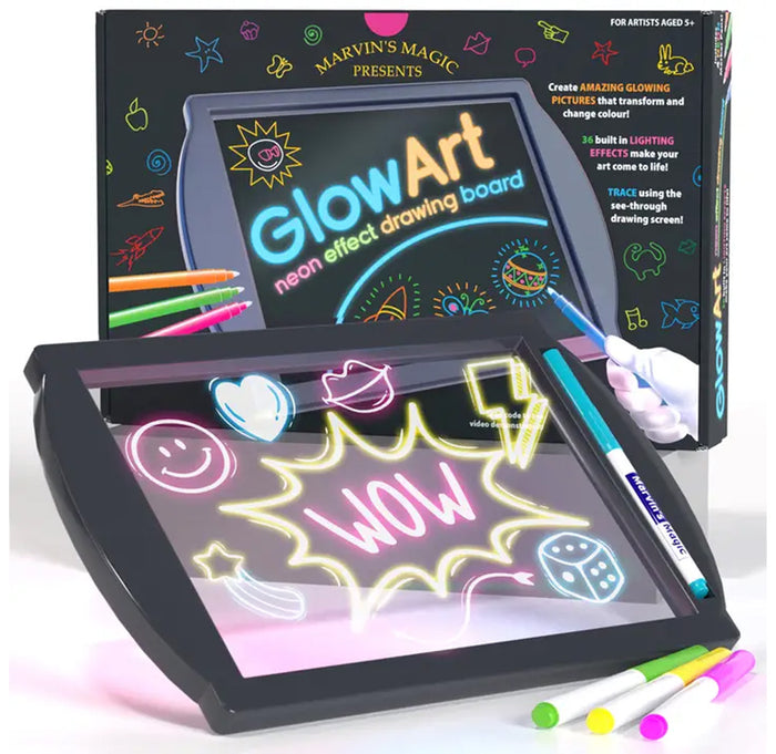 GlowArt neon effect drawing board with markers and packaging