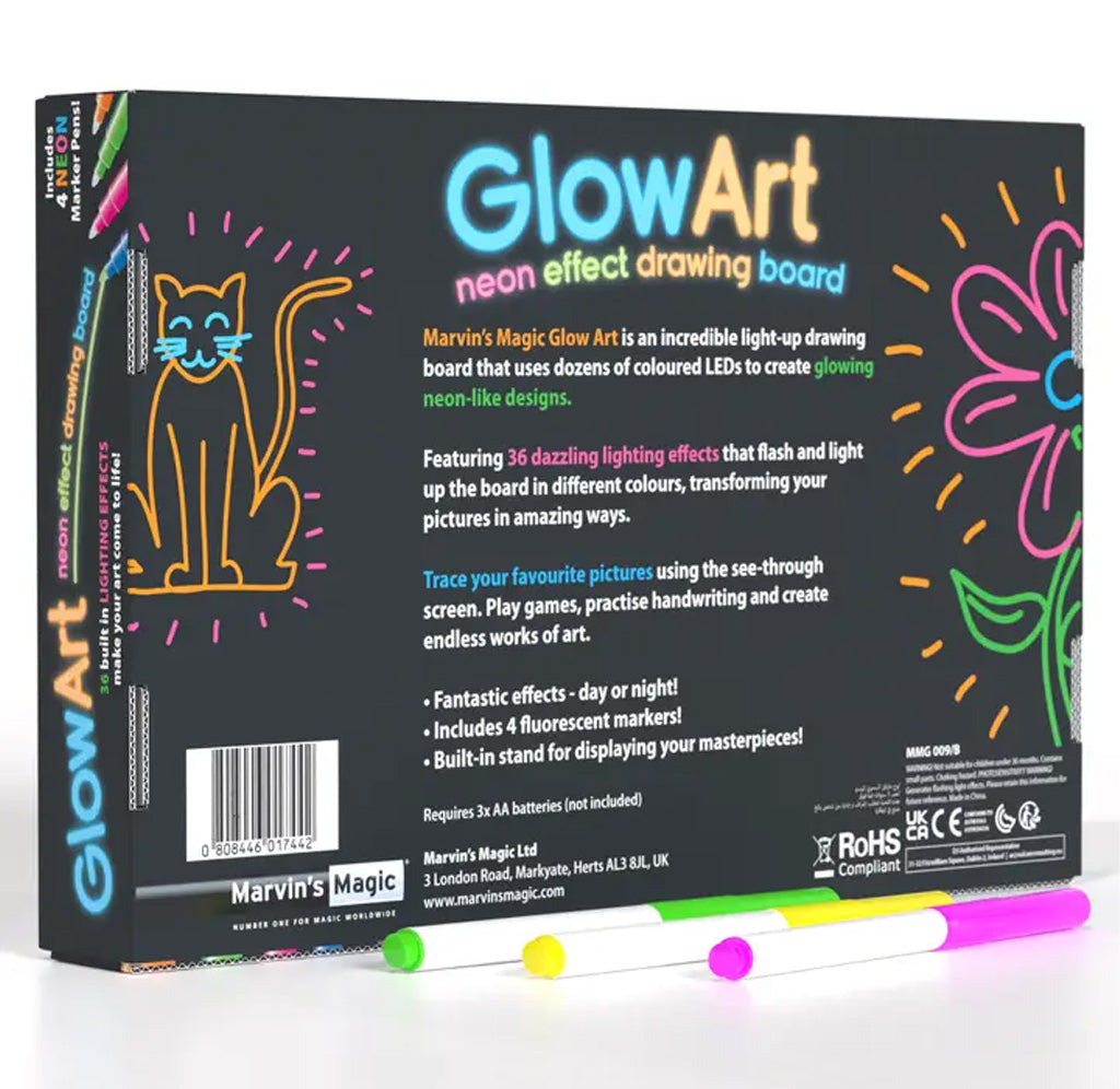 GlowArt neon effect drawing board packaging with colorful markers on a white background