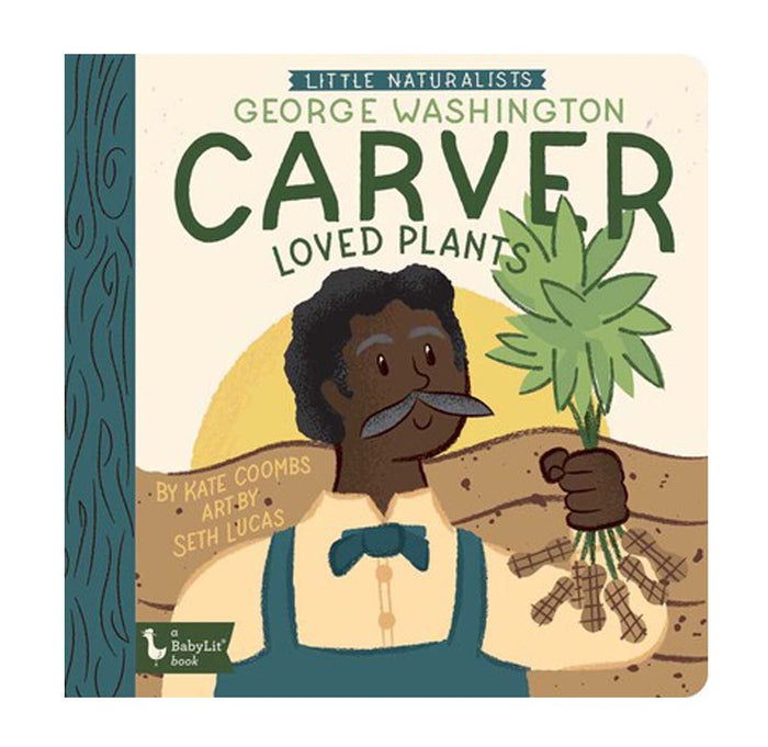 Book Cover. An illustration of George Washington Carver holding a bunch of peanut plants in his hand.