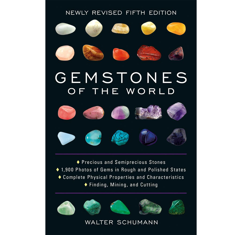 Dark book cover for Walter Schumann’s Gemstones of the World, featuring rows of colorful rough and polished stones and gold-diamond feature text; scholarly, inviting tone.