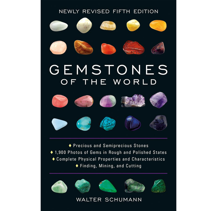 Dark book cover for Walter Schumann’s Gemstones of the World, featuring rows of colorful rough and polished stones and gold-diamond feature text; scholarly, inviting tone.