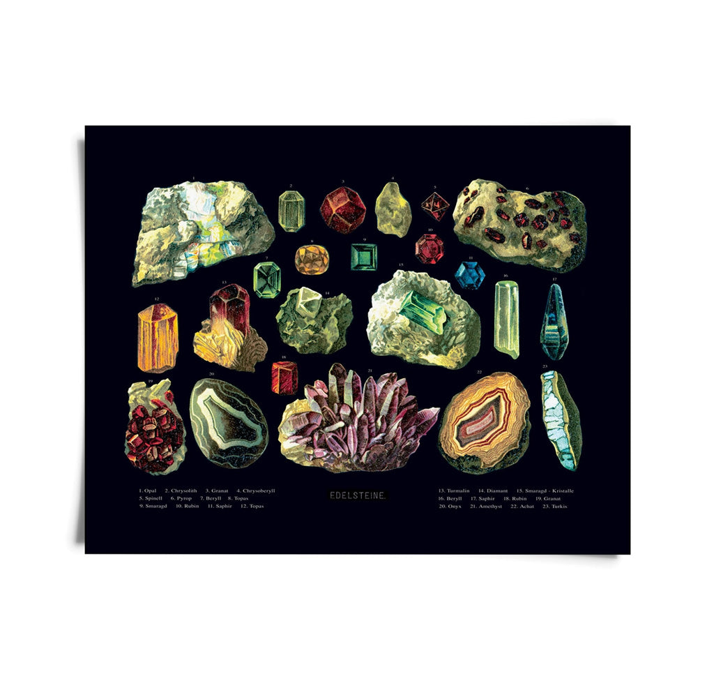 Colorful illustration of various gemstones on a black background