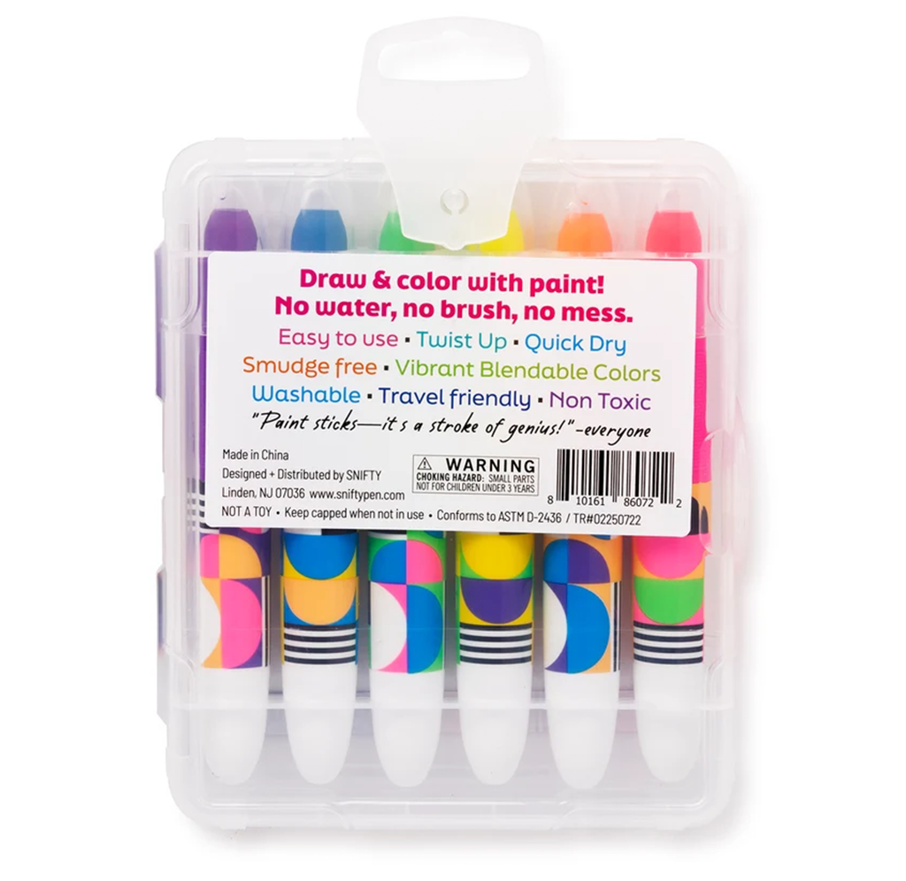 Clear plastic case of six colorful twist-up paint sticks, labeled “Draw & color with paint! No water, no brush, no mess,” with a bright, playful design.