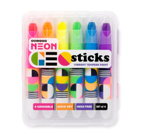 Clear plastic case of six neon tempera paint sticks in bright colors, labeled washable, quick-dry, and mess-free; playful, vibrant product image on white.