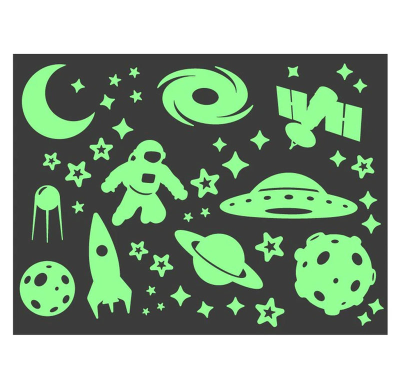 Glow-in-the-dark  space-themed stickers on a black background