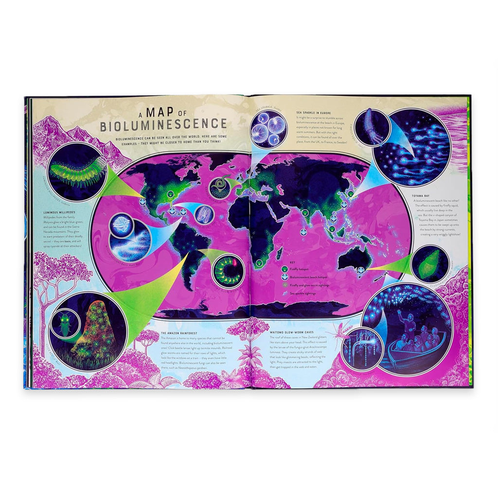 Open book showing a colorful world map with bioluminescent creatures and phenomena.