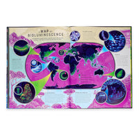 Open book showing a colorful world map with bioluminescent creatures and phenomena.
