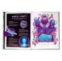 Open book showing pages with colorful illustrations and text on a white background