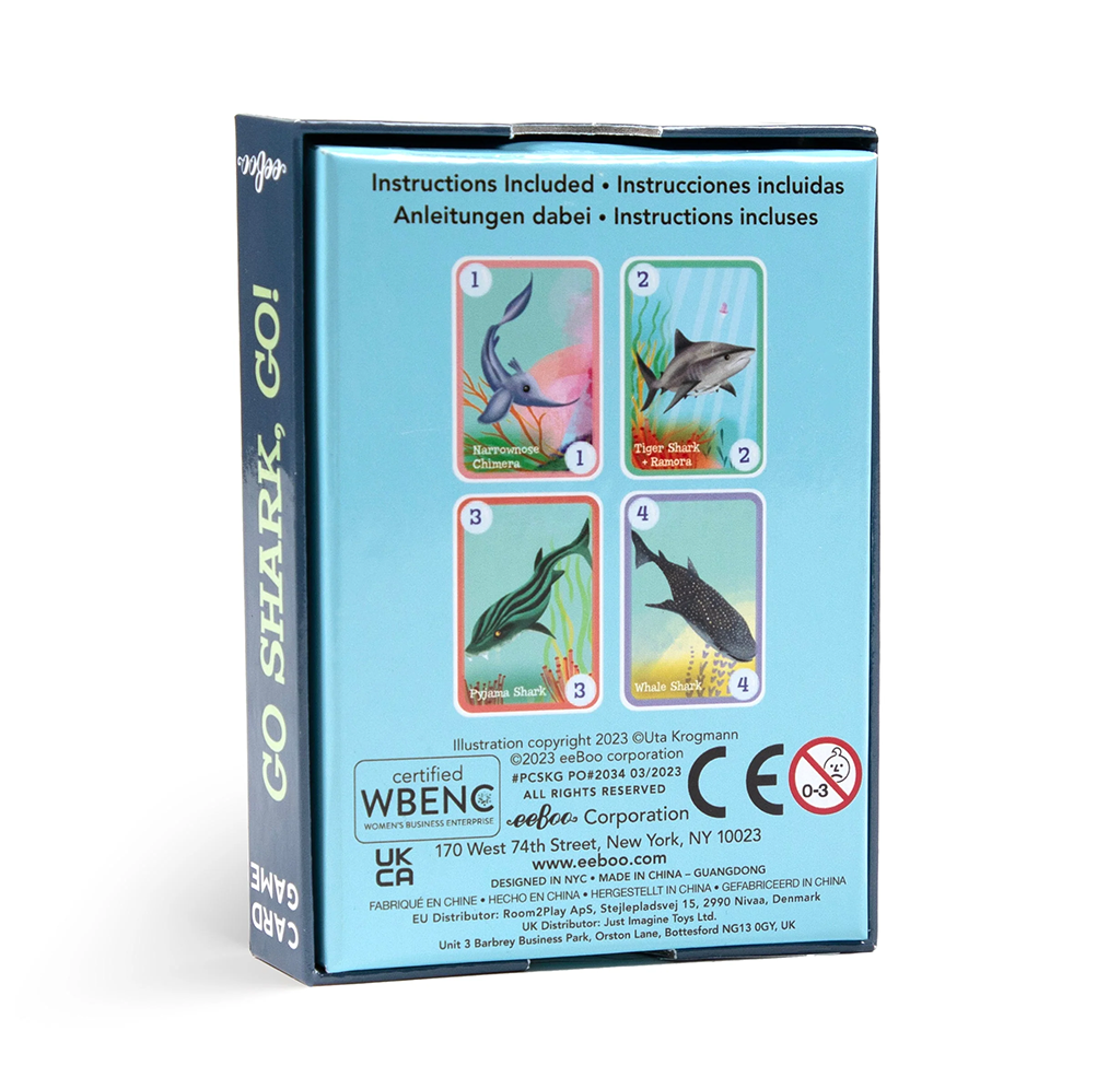 Back of a turquoise Go! Sharks game box displays four illustrated sharks, multilingual instructions, and safety certification symbols on a white background.