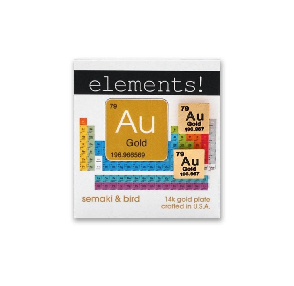 A pair of gold colored earrings on a product card with the periodic table printed on it. 