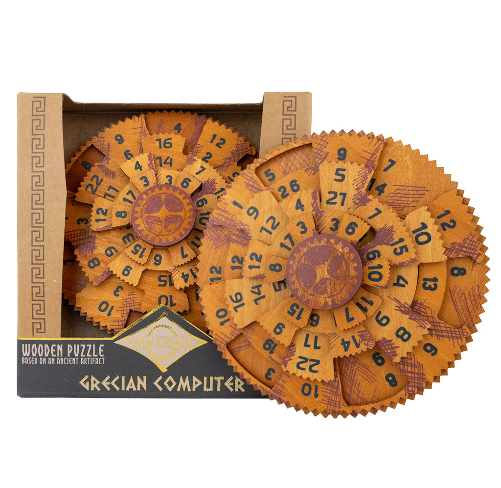 Wooden puzzle resembling a Grecian computer with numbers on a white background