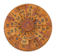 Wooden circular puzzle with numbered pieces on a white background