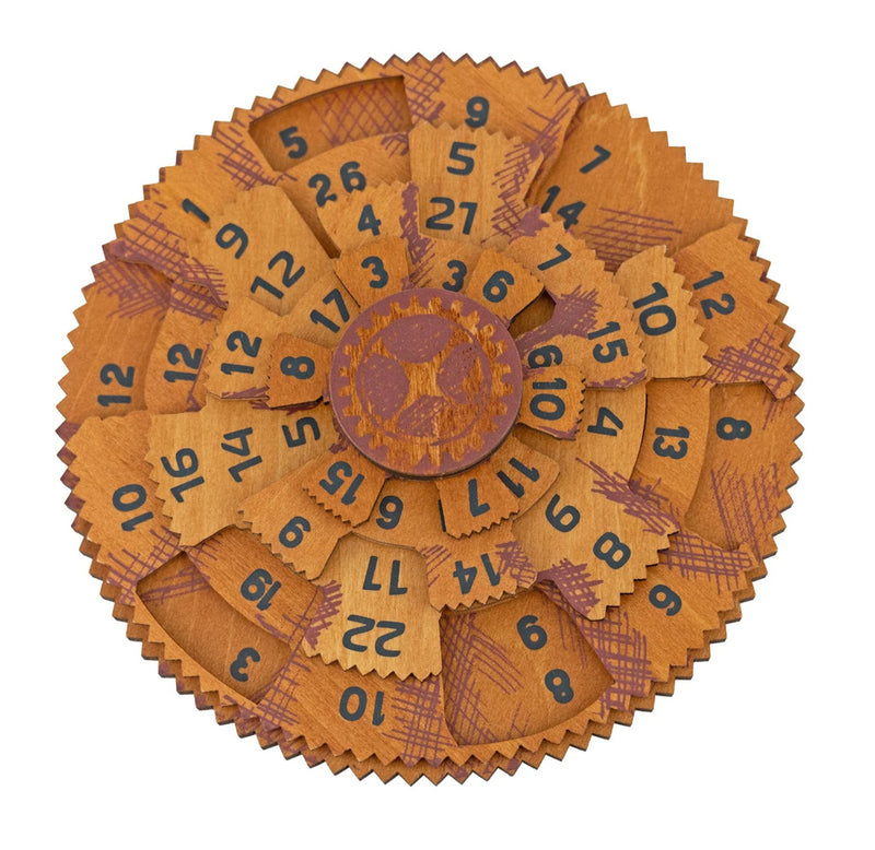 Wooden circular puzzle with numbered pieces on a white background