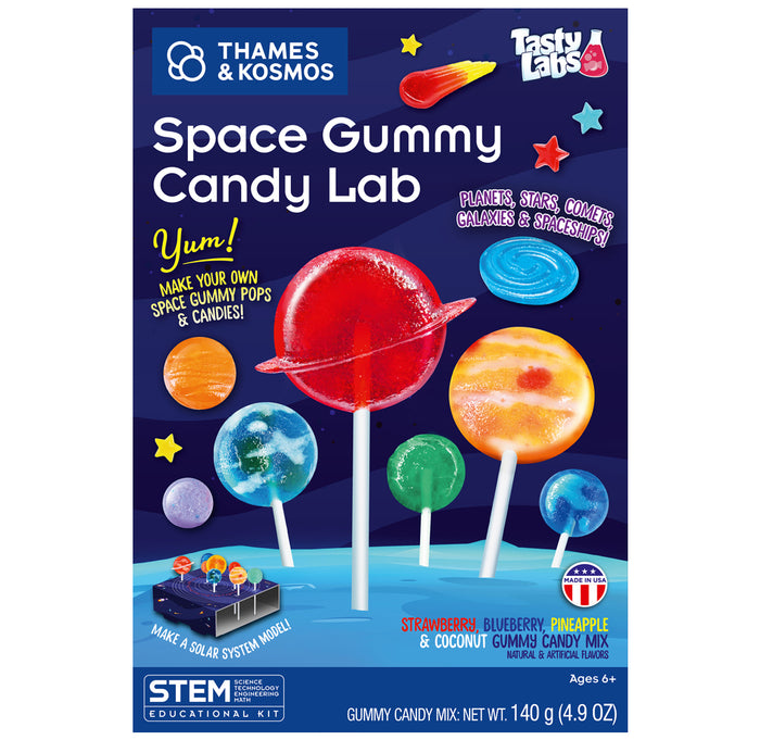 Space-themed gummy candy lab kit packaging with colorful gummy candies and educational branding.