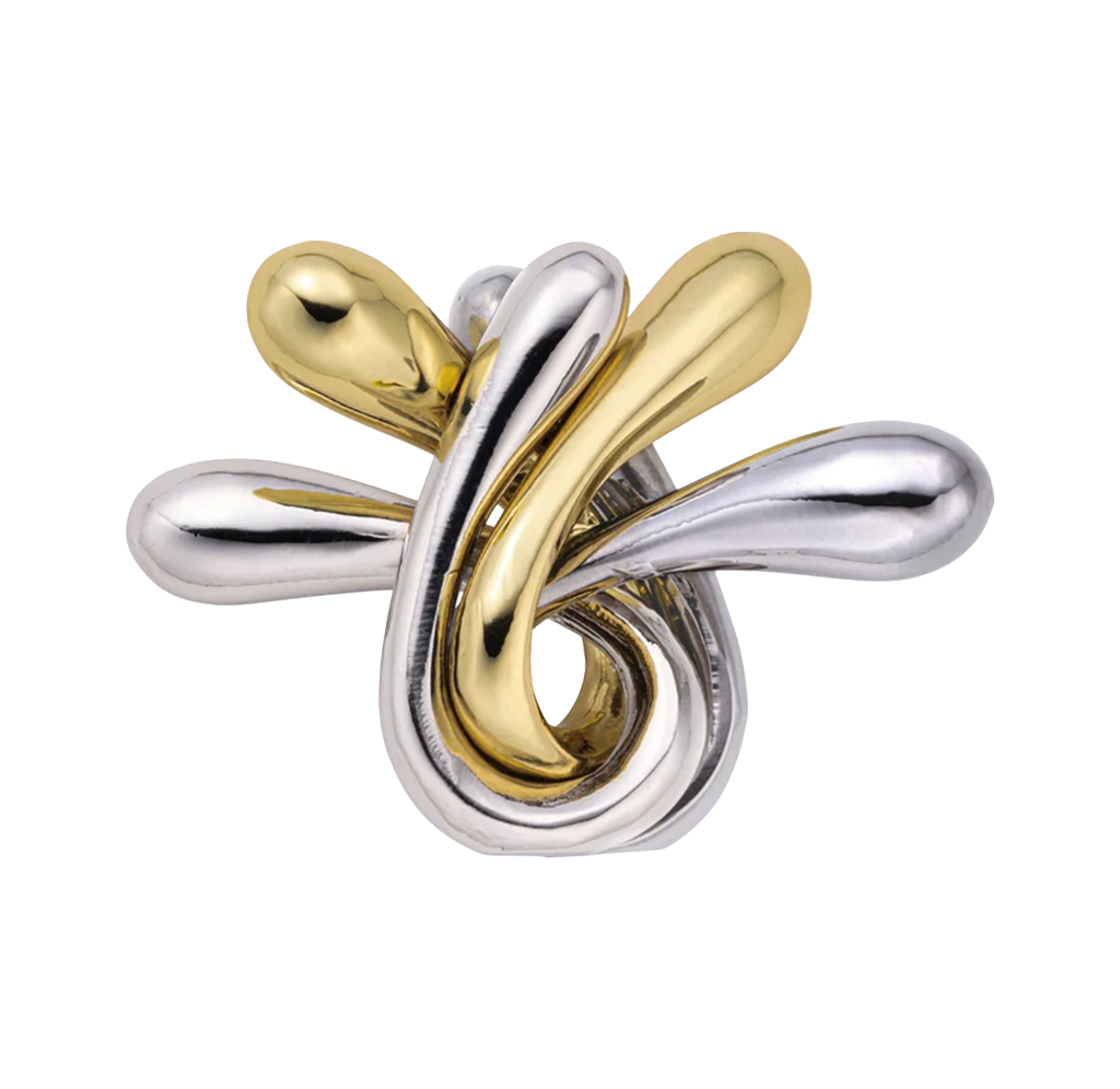 Abstract metallic puzzle of intertwined silver and gold loops, resembling flowing ribbons or petals, with a polished, elegant, modern tone.