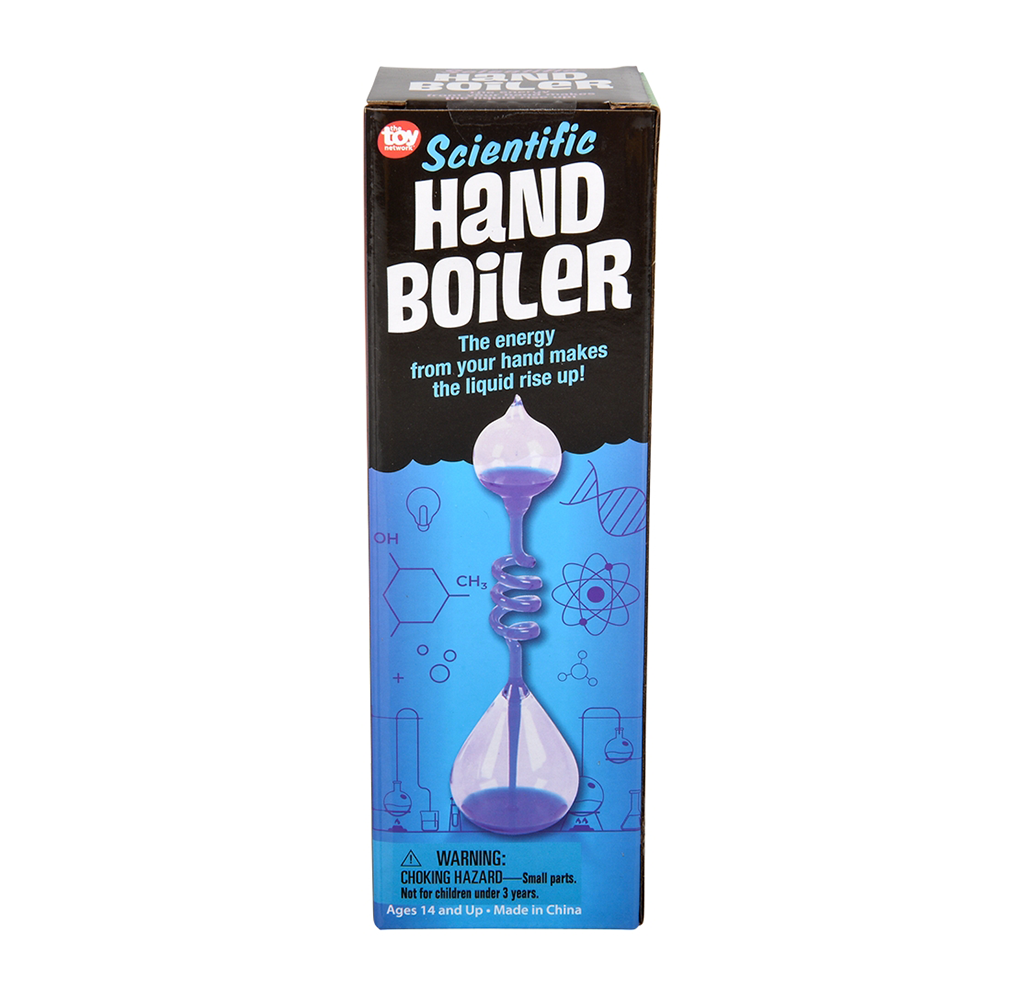 A black-and-blue box for a scientific hand boiler toy shows a purple liquid-filled glass device and chemistry diagrams, with a playful, educational tone.