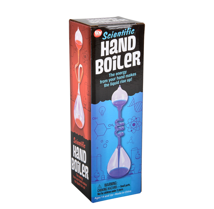 A boxed science toy labeled “Scientific Hand Boiler” shows a purple glass hand-boiler device against blue and red science-themed graphics, with an educational, playful tone.