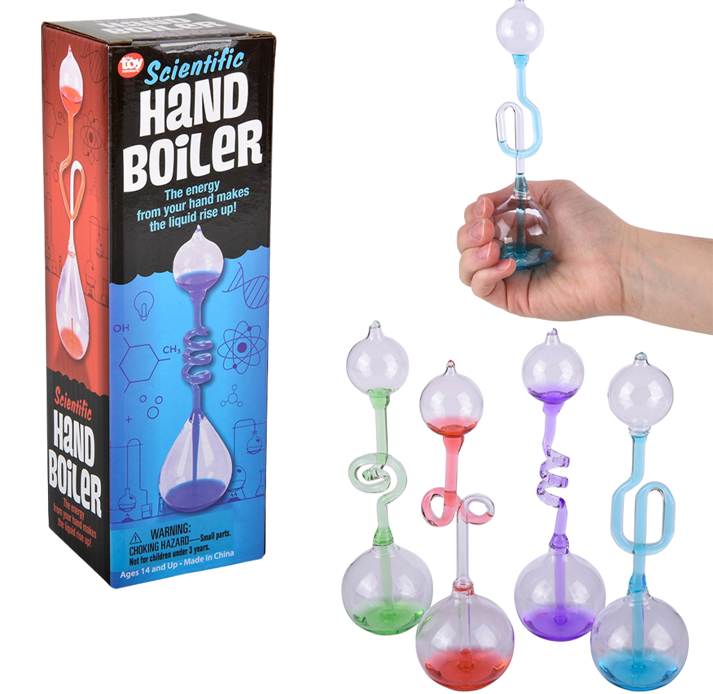 A Scientific Hand Boiler kit box and five colorful glass hand boiler toys, one held in a hand; playful science demonstration with liquid-filled bulbs and tubes.