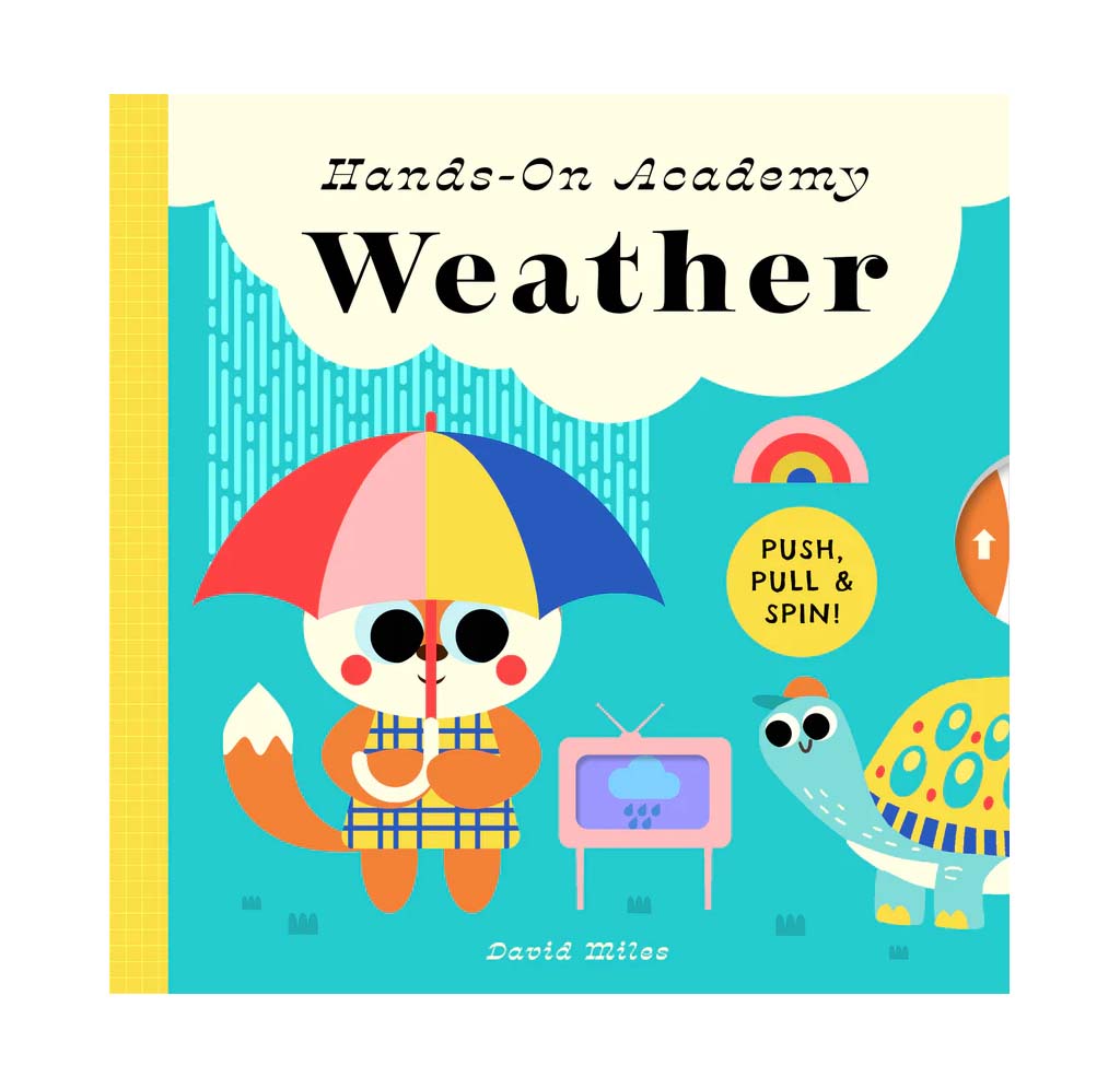 Children's book titled 'Weather' from Hands-On Academy with colorful illustrations of a fox and turtle.