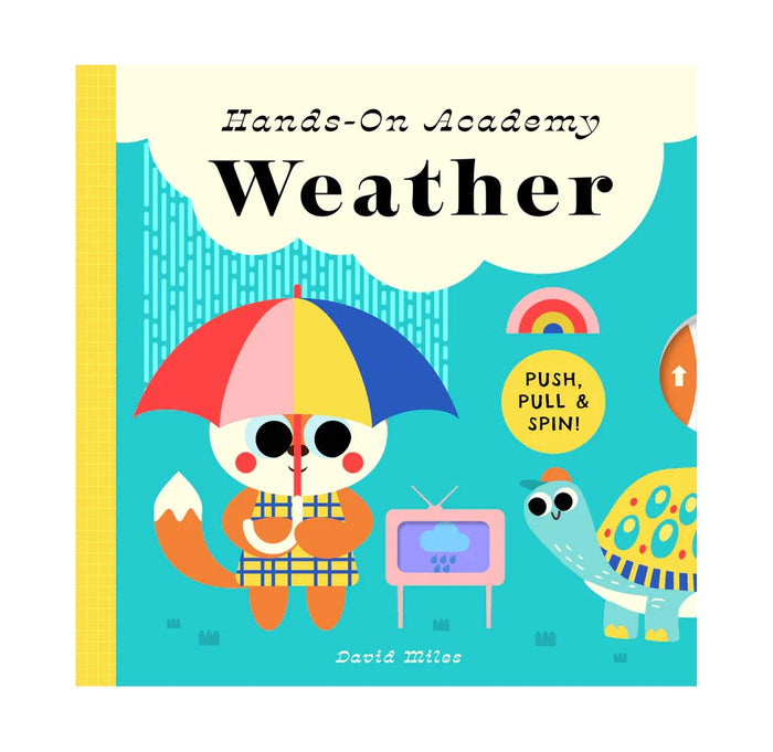 Children's book titled 'Weather' from Hands-On Academy with colorful illustrations of a fox and turtle.
