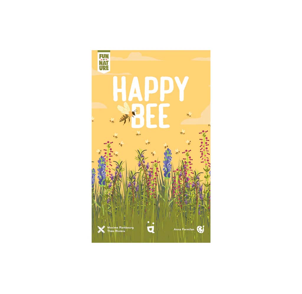Game cover of 'Happy Bee' with illustrations of bees and flowers on a yellow background