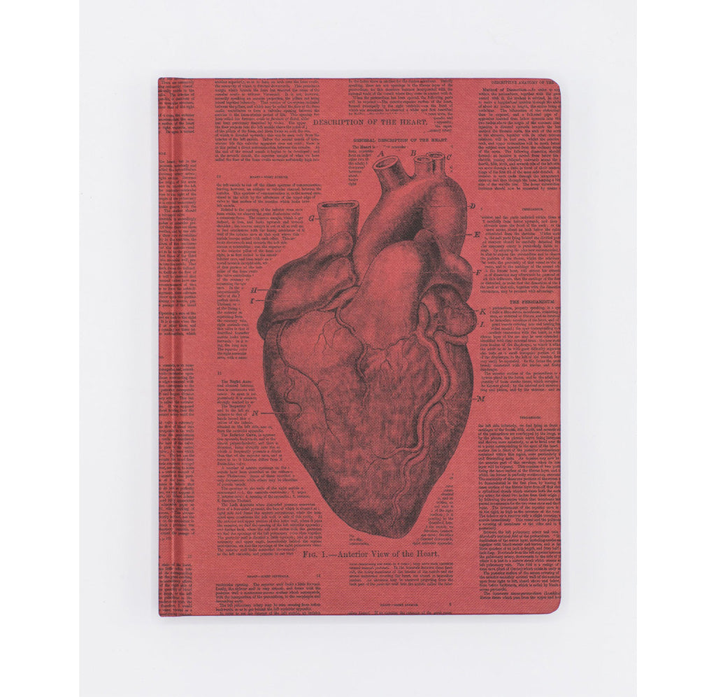 The red font cover of the notebook showing an anatomical black ink image of a human heart surrounded by text. 