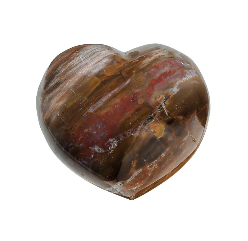 Heart-shaped stone with brown and red patterns on a white background