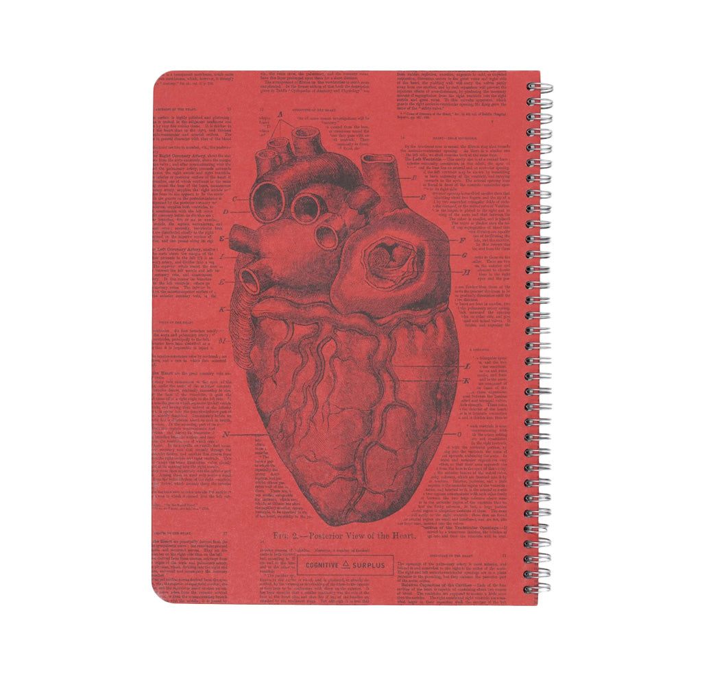 Red spiral bound notebook cover with anatomical heart illustration.