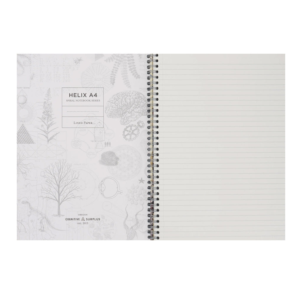 Open spiral-bound notebook with decorative cover and lined pages on a white background