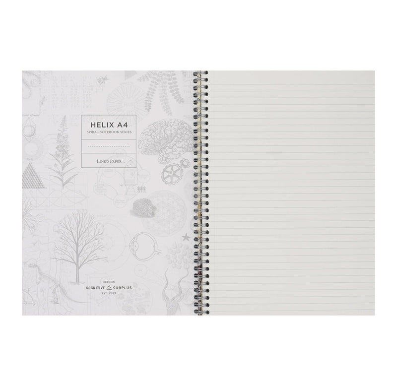 Open spiral-bound notebook with decorative cover and lined pages on a white background