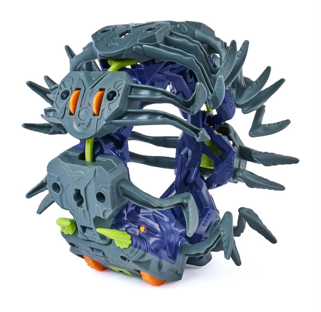 A toy centipede figure with a blue body, gray rib cage, and orange and green accents, shown on a plain white background.