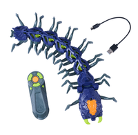 A blue and gray toy centipede with bright green accents, shown with a USB charging cable and a gray remote control on a plain white background.