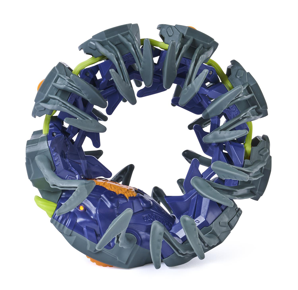 A toy ring-shaped centipede made of dark gray spikes and blue plastic sections, with small orange and lime green accents, photographed on a plain white background.