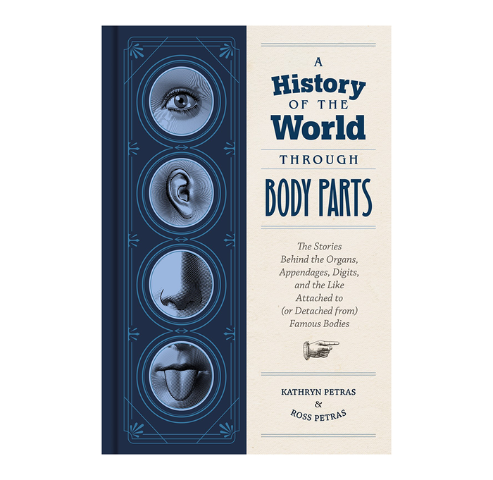 Vintage book cover titled “A History of the World Through Body Parts,” featuring illustrated eye, ear, nose, and tongue; curious, scholarly tone.