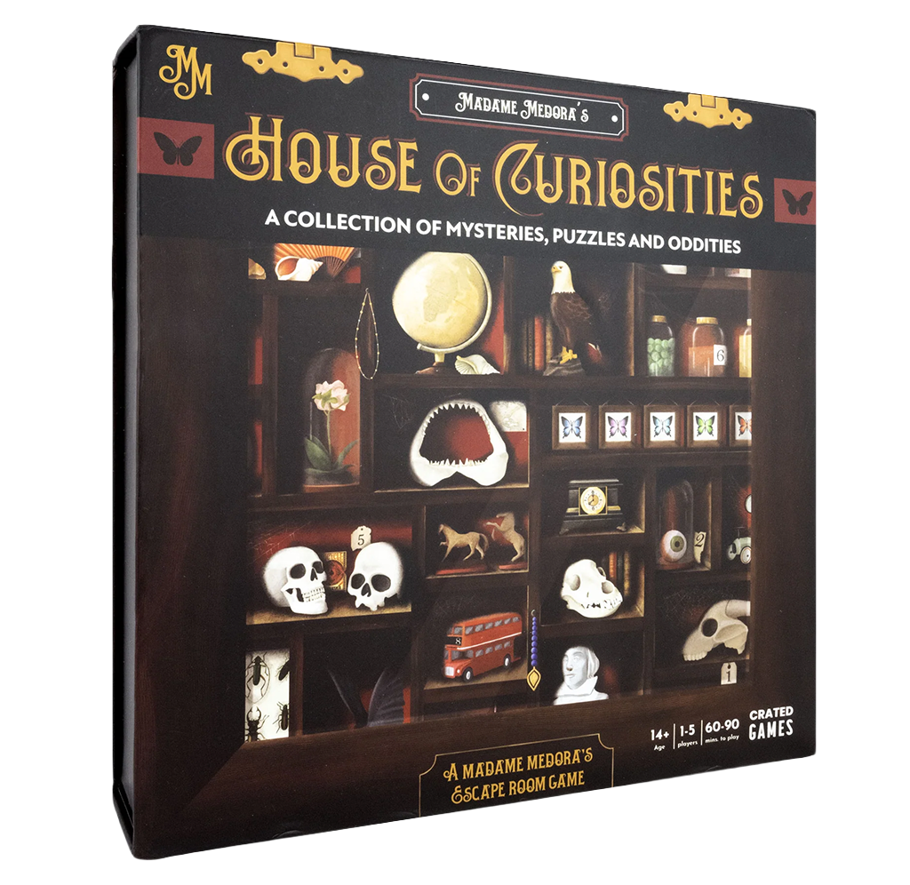 Madame Medora's House of Curiosities: A Collection of Mysteries, Puzzles and Oddities board game box, shown at a three-quarter angle on a white background.