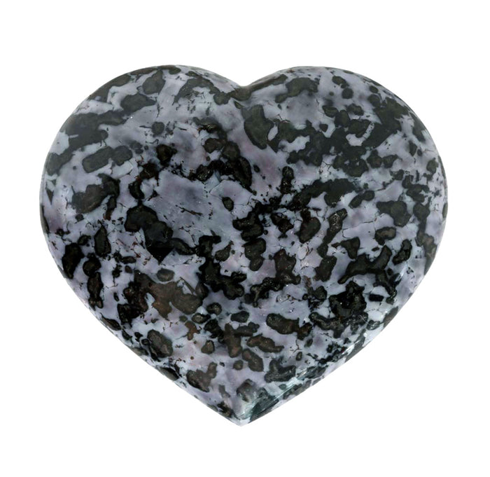 Heart-shaped stone with black and indigo speckled pattern on a white background