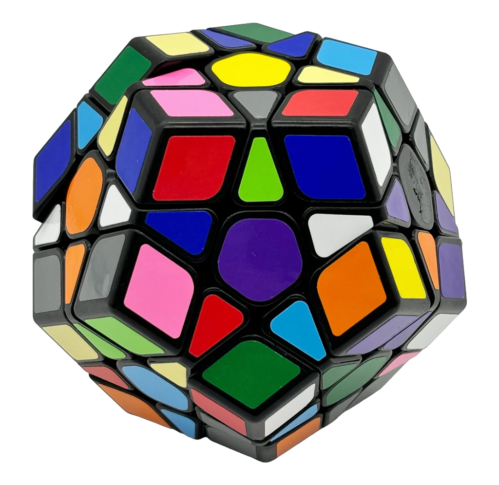 Colorful multi-sided twisty puzzle cube with black edges and bright red, blue, green, yellow, orange, pink, and purple tiles; playful challenge.