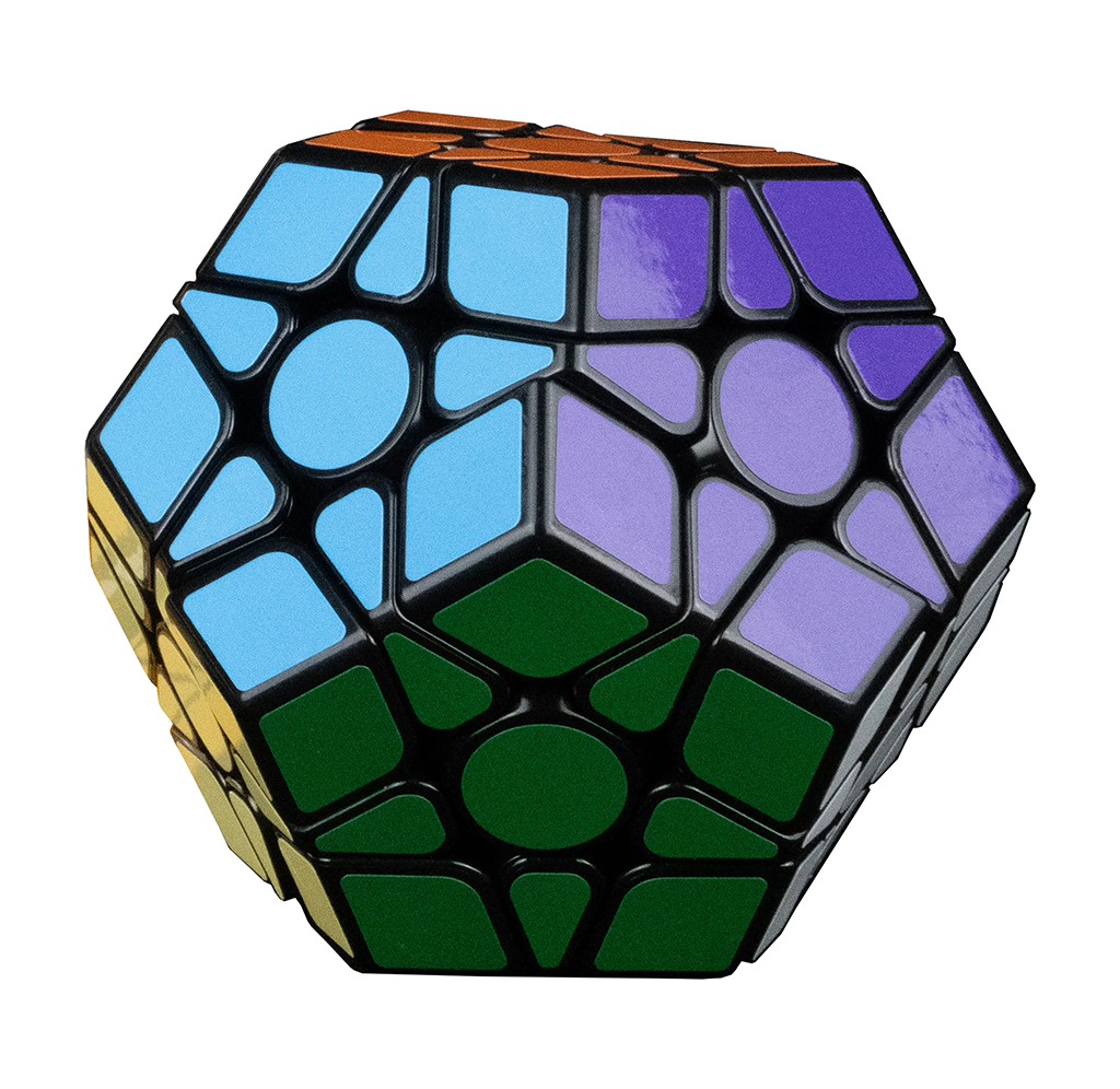 Colorful dodecahedral twisty puzzle with black outlines, blue, purple, green, orange, and yellow facets on a white background.