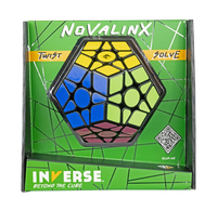 Green Novalynx Twist Solve packaging displays a colorful hexagonal twist puzzle with blue, yellow, lime, and pink sections; QR code.