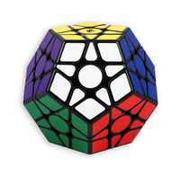 A colorful dodecahedral twisty puzzle with black outlines, white center panels, and yellow, blue, purple, green, and red sections.