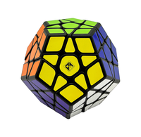 Colorful dodecahedron twisty puzzle cube with black grid, yellow center face, green top, orange left, blue right, and white lower panels.