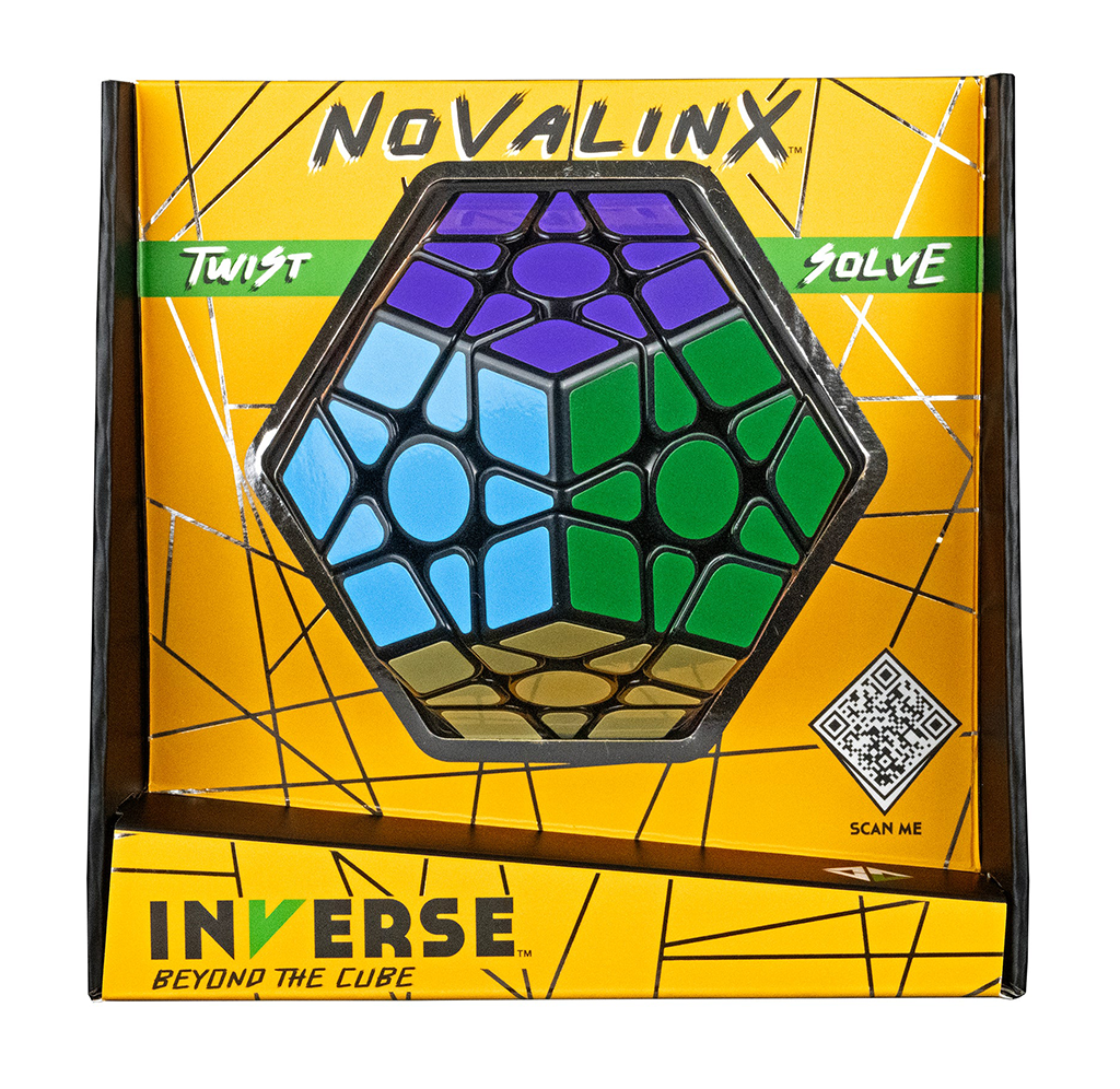 Yellow Novalynx Twist Solve packaging displays a colorful hexagonal twist puzzle with blue, yellow, lime, and pink sections; QR code.